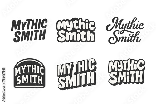 Mythic Smith Variations. Mythic Smith. Set lettering. harmonious lettering variations of the same emblematic concept (Grunge textured brush lettering, Rounded