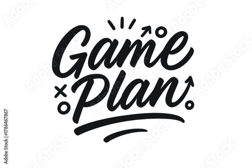 Strategic Script Design. Game Plan ? Script Hand-Lettering; brush script with semi-cursive connectors and fluid pressure contrast; centered layout with gentle