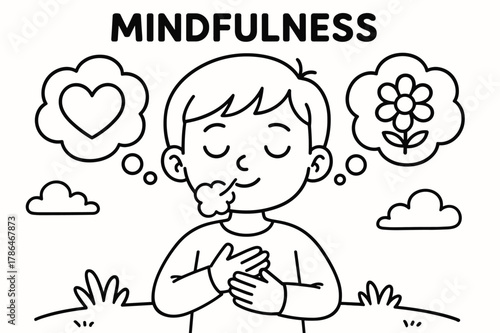 Mindful Coloring Fun. Mindfulness in action children?s coloring book illustration, outlined drawing, a child peacefully breathing with thought bubbles showing