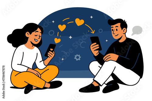 Connected by Hearts. Long-distance love. Two characters sitting apart but connected by floating glowing hearts