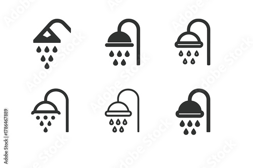 Diverse Showerhead Logos. Morning wake-up. Set Logo of Morning wake-up: showerhead with droplets. Icon set. harmonious logo variations of the same emblematic