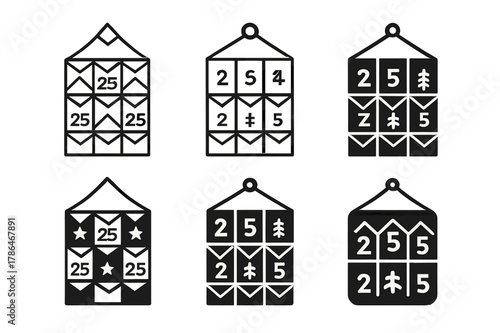 Advent Calendar Logos. Christmas advent calendar ideas. Set Logo of christmas advent calendar ideas: envelope wall grid. Icon set. harmonious logo variations
