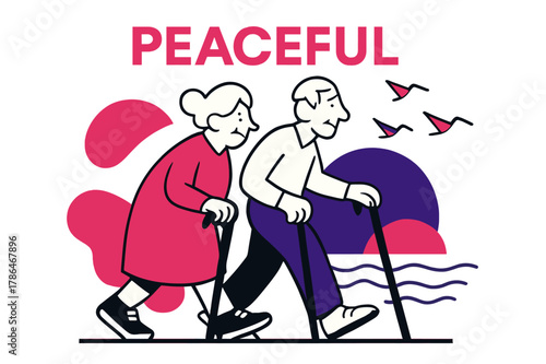 Peaceful Seaside Stroll. Old age ? Sunset seaside walk. Canes and sneakers step in rhythm; gulls reduce to triangle kites over rolling lines. The