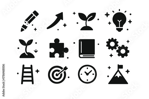 Setback Icons Collection. Overcoming Setbacks. Solid icons set of Overcoming Setbacks: broken pencil, upward arrow, plant sprout, light bulb, seedling, puzzle