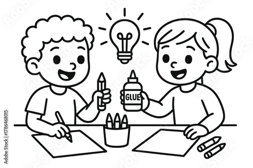 Friends Sharing Creativity. collaboration children?s coloring book illustration, outlined drawing, two friends sharing ideas and materials, educational design