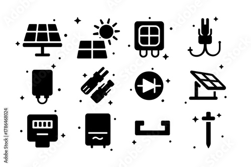 Solar Panel Icons. Solar panels. Solid icons set of Solar panels: photovoltaic panel, sun, photovoltaic cell, wiring harness, junction box, MC4 connector,