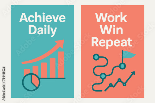 Achieve Daily Design. Achieve daily. Two vertical A6 banners with safe margins, centered composition, no elements touching edges, modern, turquoise and coral,