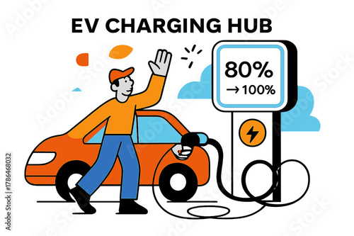 Electric Car Charging. EV Charging Hub. A car docks with a satisfying click; a haloed screen reads ?% > %.? Cable loops form friendly spirals on the ground.