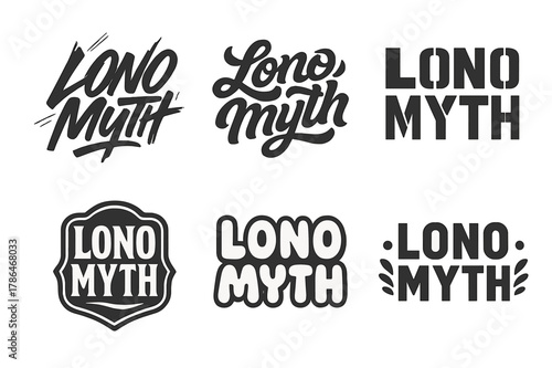 Diverse Lettering Styles. Lono Myth. Set lettering. harmonious lettering variations of the same emblematic concept, each with different artistic interpretation