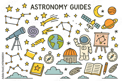 Cosmic Doodle Extravaganza. Astronomy guides. Hand-drawn doodle illustration constellations (colored), stars (colored), planets (colored), moon (colored),
