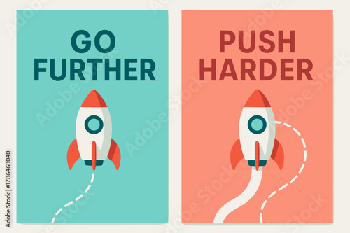 Go Further Banners. Go further. Two vertical A6 banners with safe margins, centered composition, no elements touching edges, modern, turquoise and coral,