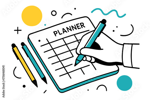 Organized Minimalist Illustration. Staying organized. A minimalist scene with a planner, a few colorful pens, and a hand writing in the planner, surrounded by