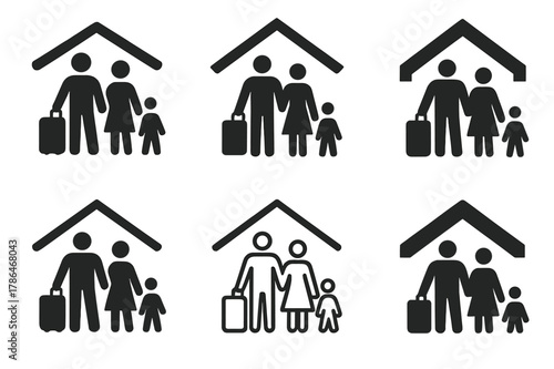 Migrant Shelter Logos. Migrant shelters. Set Logo of Migrant shelters: family arriving with suitcase under roof. Icon set. harmonious logo variations of the