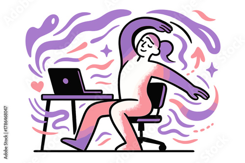 Mindful Desk Stretches. Stretching exercises. A glowing figure doing gentle stretches at their desk, abstract