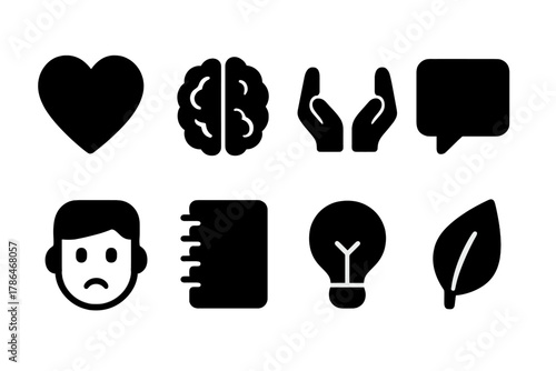 Mental Health Icons. Mental health support. Filled icon set of mental health support: heart, brain, hands,