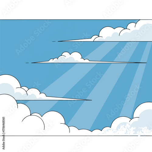 Stylized Cartoon Sky with Layered Stratus Clouds and Bright Sun Rays Illustration