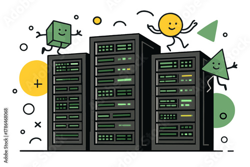 Futuristic Data Center. Server Rack. Wide view of server racks in data center with floating abstract geometric shapes and LED highlights, organized and
