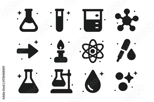 Synthesis Icons Grid. Synthesis. Solid icons set of Synthesis: chemical flask, test tube, beaker, molecule, reaction arrow, Bunsen burner, atom, pipette,