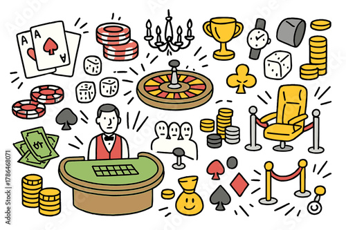 Casino Night Extravaganza. High risk stakes. Hand-drawn doodle illustration poker chips (colored), playing cards (colored), dice (colored), casino table