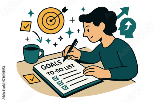 Goal Planning Scene. A person setting goals and writing a to-do list in a planner for self-improvement. Desk scene with planner, coffee cup, and sticky notes;