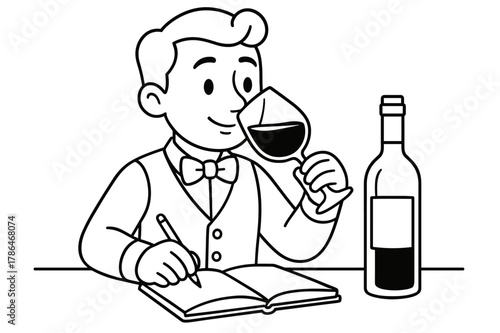 Sommelier Coloring Page. a sommelier tasting wine children?s coloring book illustration, outlined drawing, a professional sommelier tasting wine and taking