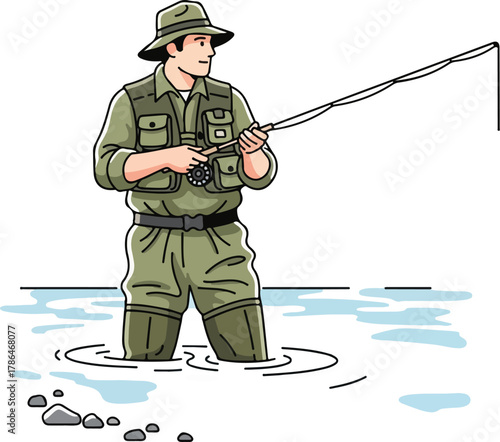 Illustration of a Fisherman Wading in Water with Fly Fishing Rod