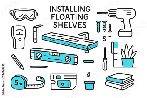 Floating Shelves Installation. // Installing floating shelves. Hand-drawn doodle illustration installing floating shelves [board plank (accented), brackets