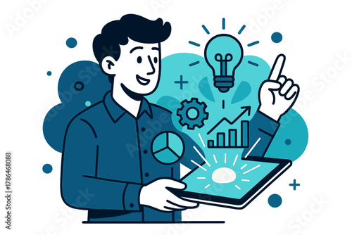 Startup Vision Unleashed. Startup Vision. A young entrepreneur presents a glowing digital product idea on a