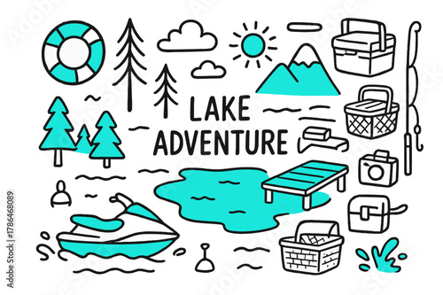 Lake Getaway Icons. // Lake adventure. Hand-drawn doodle illustration Lake adventure [jet ski, lake outline (accented), pine trees, dock (accented), life ring