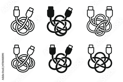 Creative Cable Logo Variations. Charging cable mess. Set Logo of Charging cable mess: USB-C and lightning tangle. harmonious logo variations of the same