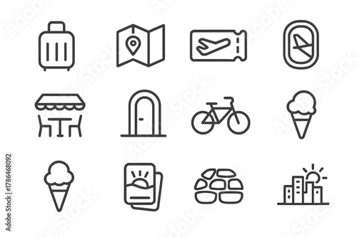 Travel Icons Collection. Travel Snippets. Line icon set of Travel Snippets: suitcase, map, ticket, window seat wing, street cafe, doorway, bicycle, gelato