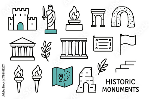 Historic Monuments Doodle. // Historic monuments. Hand-drawn doodle illustration Historic monuments [fortress (accented), statue (accented), memorial flame