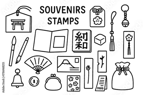 Souvenir Doodle Icons. Souvenirs and stamps. Hand-drawn doodle illustration Souvenirs and stamps goshuin stamp, ink pad, stamp book, ema plaque, omamori charm,