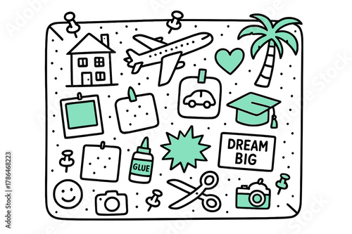 Doodle Vision Board. // Vision board. Hand-drawn doodle illustration vision board [pin board (accented), photo frames (accented), house sketch, airplane, palm