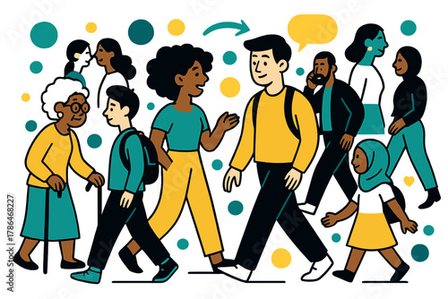 Vibrant Urban Mosaic. Urban diversity. Crowds of people of different ages and ethnicities walking, talking,