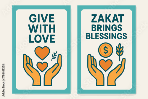 Zakat Charity Banners. Charity (Zakat). Two vertical A6 banners with safe margins, centered composition, no elements touching edges, modern, turquoise and