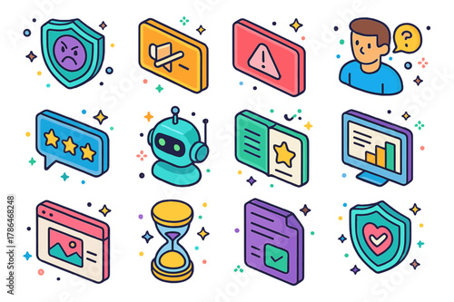 Cyberbullying Prevention Icons. Cyberbullying prevention in games. Colorful isometric vector icons set of Cyberbullying prevention in games: anti-bullying