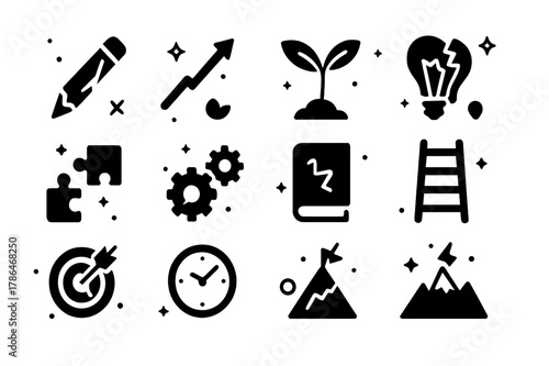Growth Through Challenges. Failure as Step. Solid icons set of Failure as Step: broken pencil, upward arrow, plant sprout, seedling, light bulb, puzzle piece,