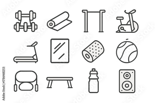 Home Gym Icons. Home Gym. Line icon set of Home Gym: dumbbell rack, yoga mat, pull-up bar, exercise bike, treadmill, wall mirror, foam roller, gym ball,