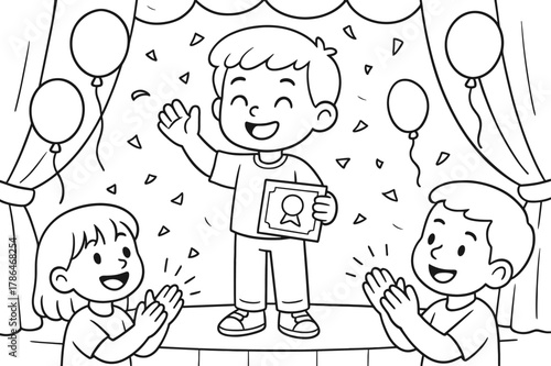 Child's Applause Celebration. Celebrating a great speech children?s coloring book illustration, outlined drawing, a child receiving applause and a small