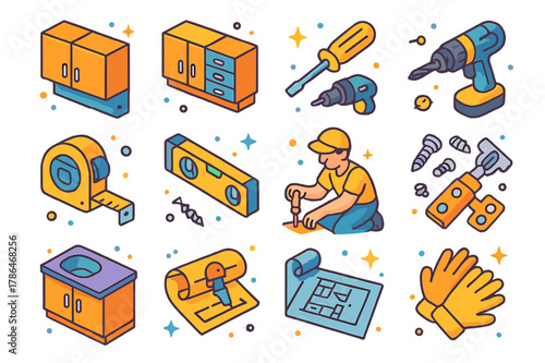 Kitchen Installation Icons. Installing new kitchen cabinets. Colorful isometric vector icons set of installing new kitchen cabinets: upper cabinets, lower