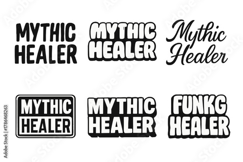 Mythic Healer Lettering. Mythic Healer. Set lettering. harmonious lettering variations of the same emblematic concept (Grunge textured brush lettering, Rounded