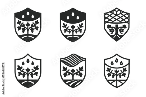 Hailstorm Protection Logos. Hailstorm damage prevention in agriculture. Icon set. Set Logo of Hailstorm damage prevention in agriculture: vineyard trellis with