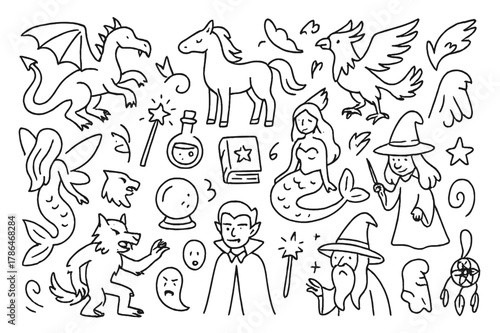 Fantasy Creature Doodles. Hand-drawn doodle illustration, Fantasy creatures Hand-drawn doodle illustration Fantasy creatures dragons, unicorns, mermaids,