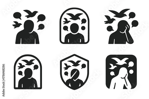 Harmonious Thought Logos. restless figure surrounded by floating thoughts. Set Logo of restless figure surrounded by floating thoughts: Bird. harmonious logo