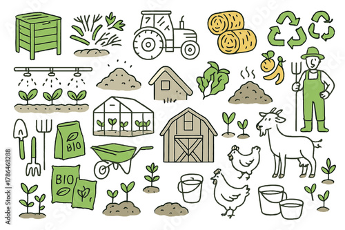 Eco-Friendly Farming Doodles. Sacred Feline. Set lettering. harmonious lettering variations of the same emblematic concept (Whimsical curly type with