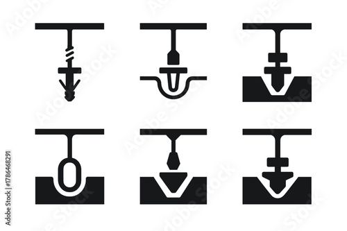 Ceiling Installation Logos. Ceiling installation diagram. Icon set. Set Logo of Ceiling installation diagram: suspension wire to concrete anchor. harmonious