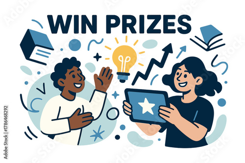 Innovative Creativity Unleashed. WIN PRIZES. Floating books, hands holding tablet, lightbulb glowing, abstract shapes around, inspiration and innovation at