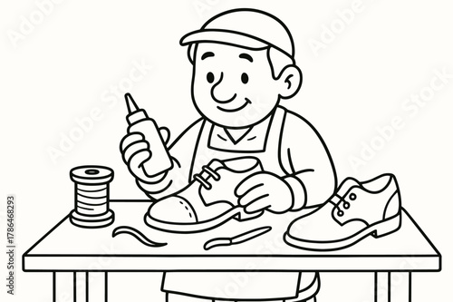Friendly Cobbler Coloring Page. Shoe maker children?s coloring book illustration, outlined drawing, friendly