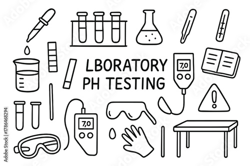 Laboratory Doodle Icons. Laboratory pH testing. Hand-drawn doodle illustration Laboratory pH testing beaker, pipette, test tube rack, chemical flask, pH paper
